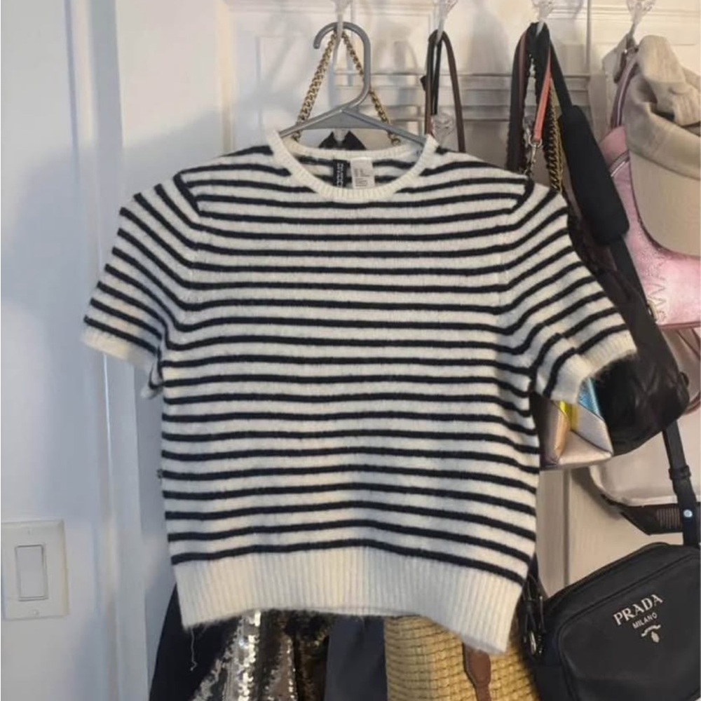 Black and White Striped Short Sleeve Sweater